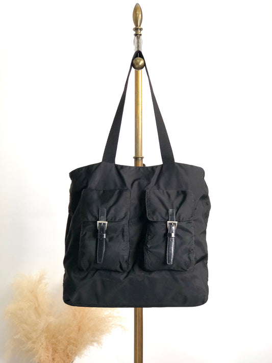 PRADA Triangle Logo Double Pocket Totebag Black Vintage ezms23