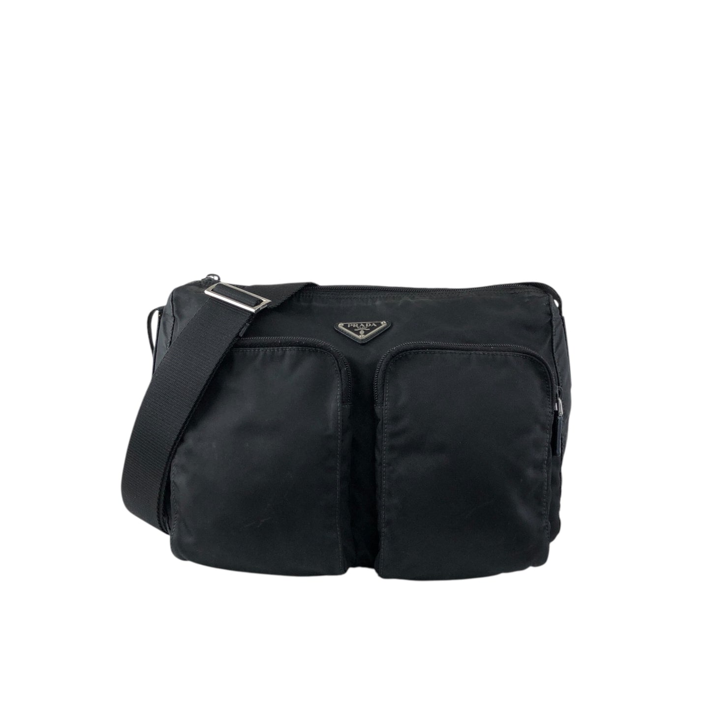 PRADA Tessuto Triangle Logo Double Pocket Shoulder bag Black Vintage se4edp