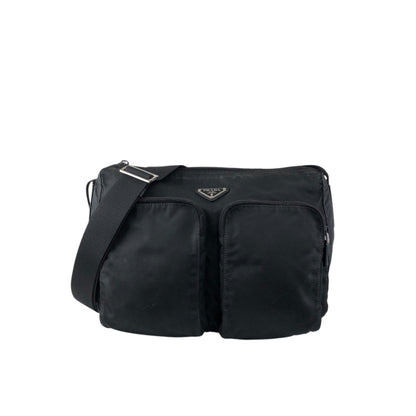 PRADA Tessuto Triangle Logo Double Pocket Shoulder bag Black Vintage se4edp