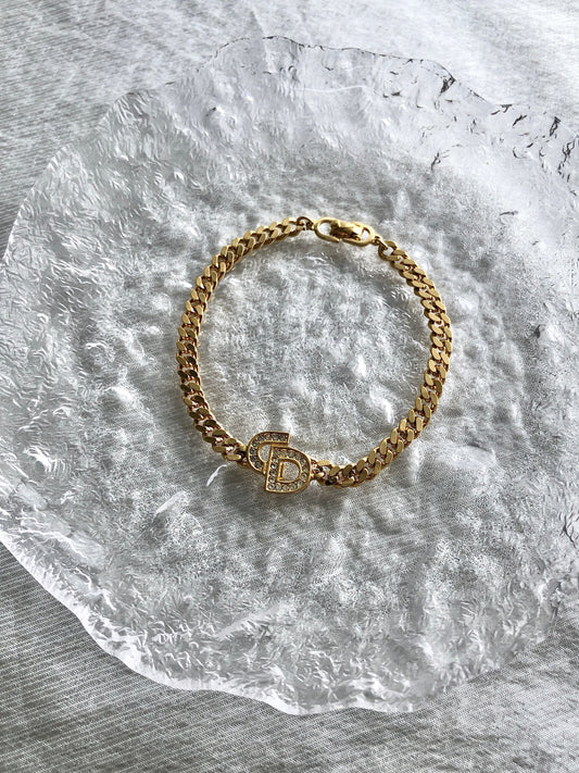 Christian Dior CD Logo Motif Rhinestone Bracelet Gold Vintage chgiwy