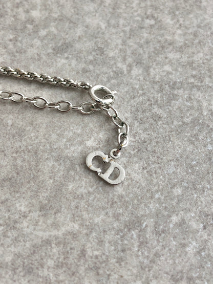 Christian Dior Logo Rhinestone Necklace Silver Vintage p8mj87