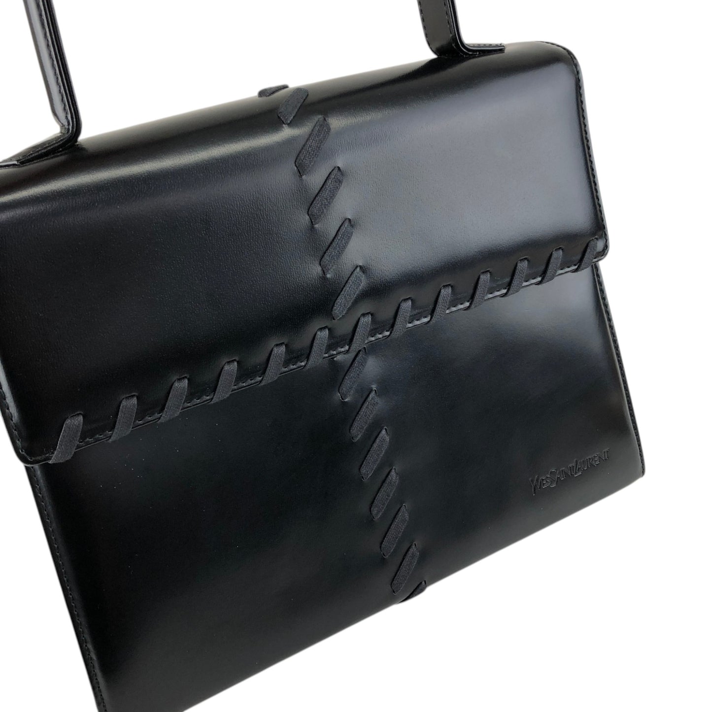 Yves Saint Laurent Logo Embossed Stitch Top Handle Handbag Black Vintage 5rym7i