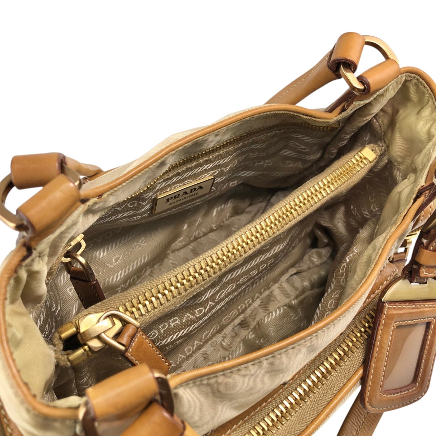 PRADA Tessuto Triangle Logo Side Pocket Handbag Beige Vintage a35ftn