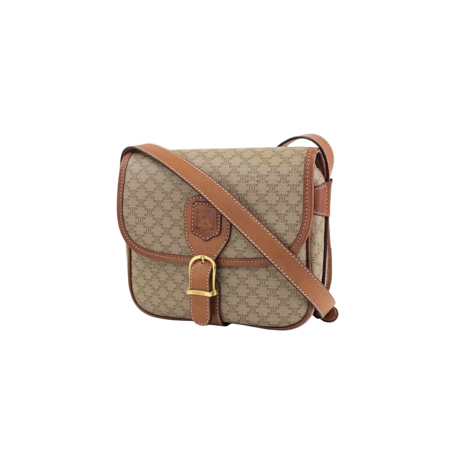 CELINE Macadam Front Buckle  Shoulder bag Beige Vintage nnbcwv