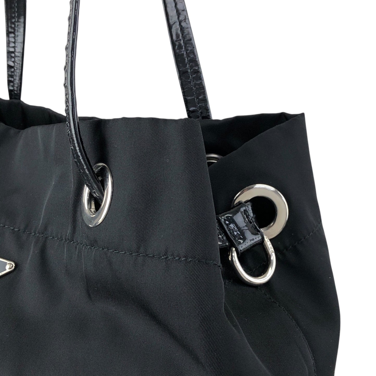 PRADA Tessuto Triangle Logo Drawstring Handbag Totebag Black Vintage 8y7i6t