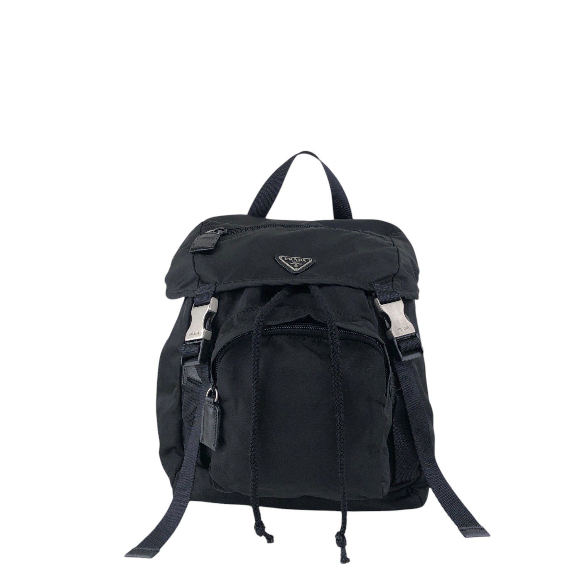 PRADA Tessuto Triangle Logo Front Buckle Backpack Black Vintage