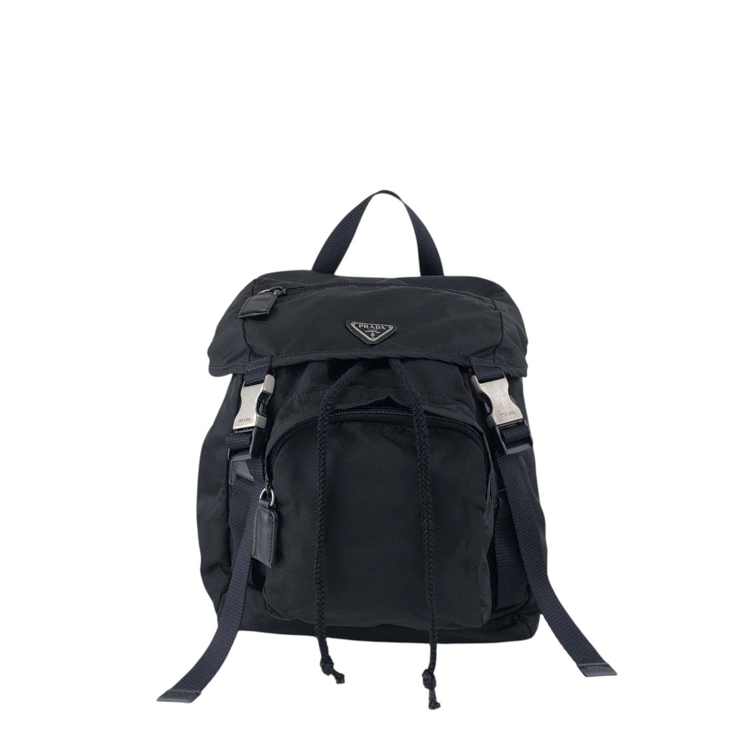 PRADA Tessuto Triangle Logo Front Buckle Backpack Black Vintage 2mkph6
