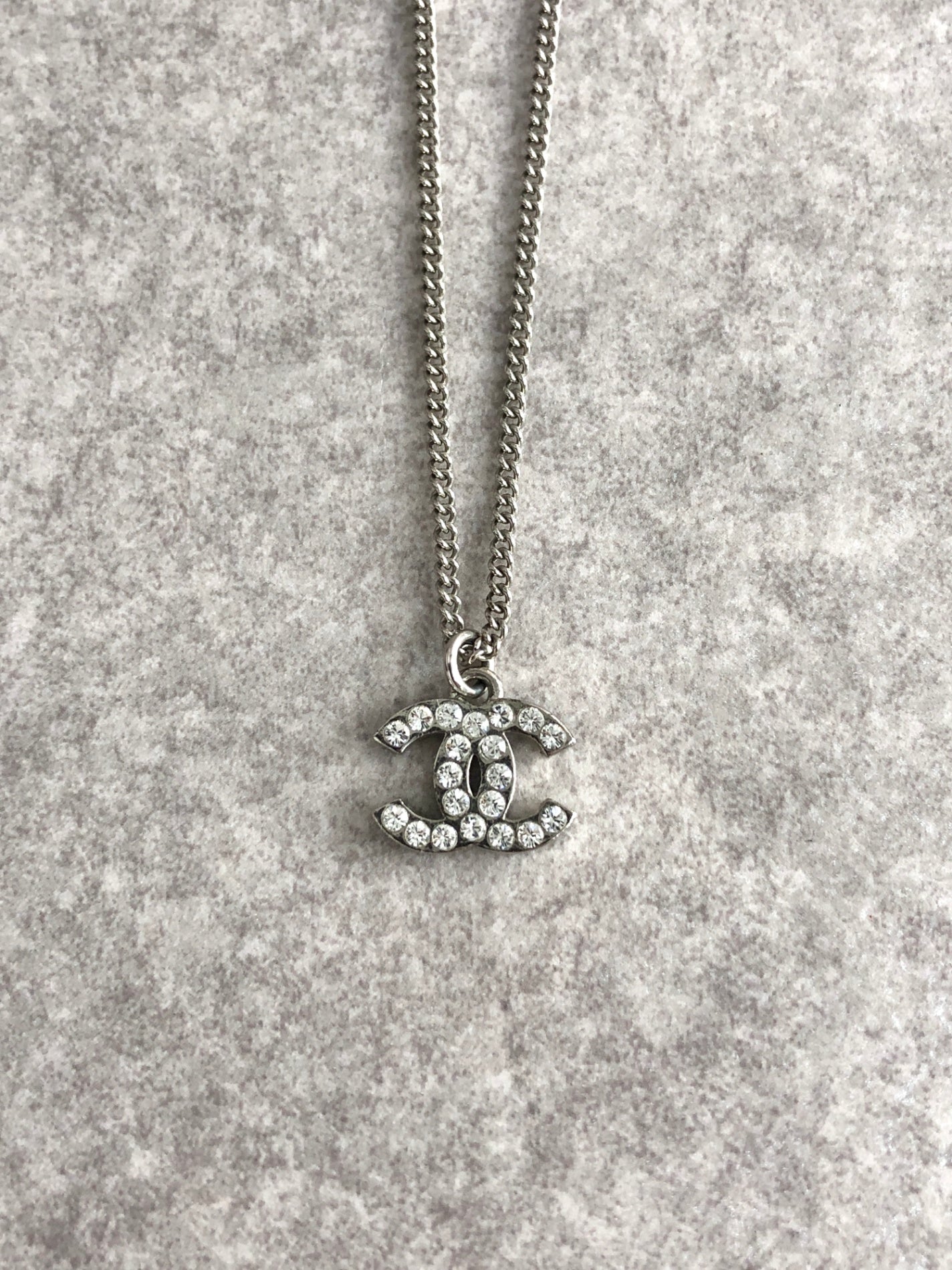 CHANEL Coco Mark Rhinestone Necklace Silver Vintage sd7rmx