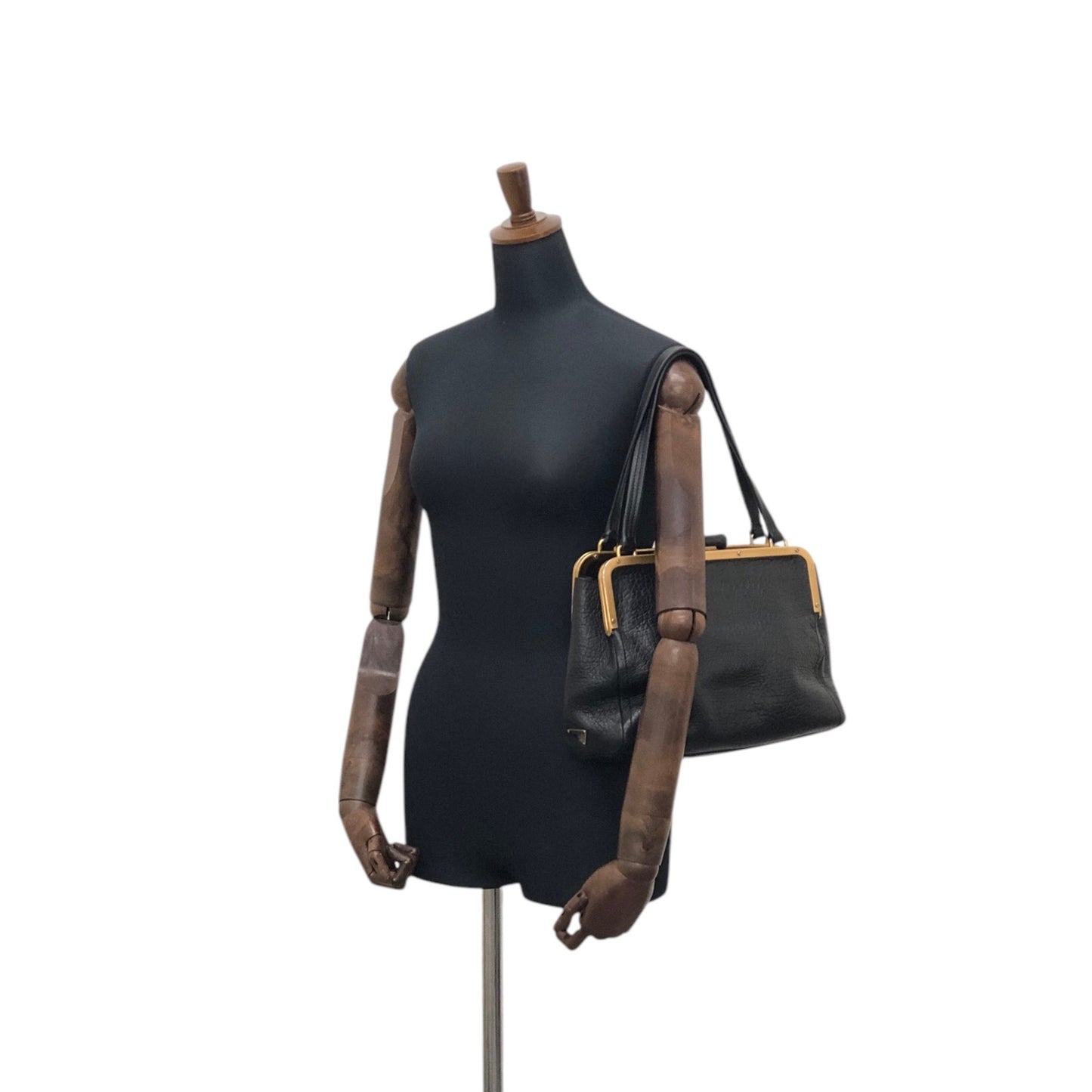 PRADA Triangle Logo Metal Clasp Handbag Black Vintage caemtz