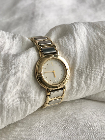 Yves Saint Laurent YSL Logo Quartz Watch Silver×Gold Vintage hjy4bn