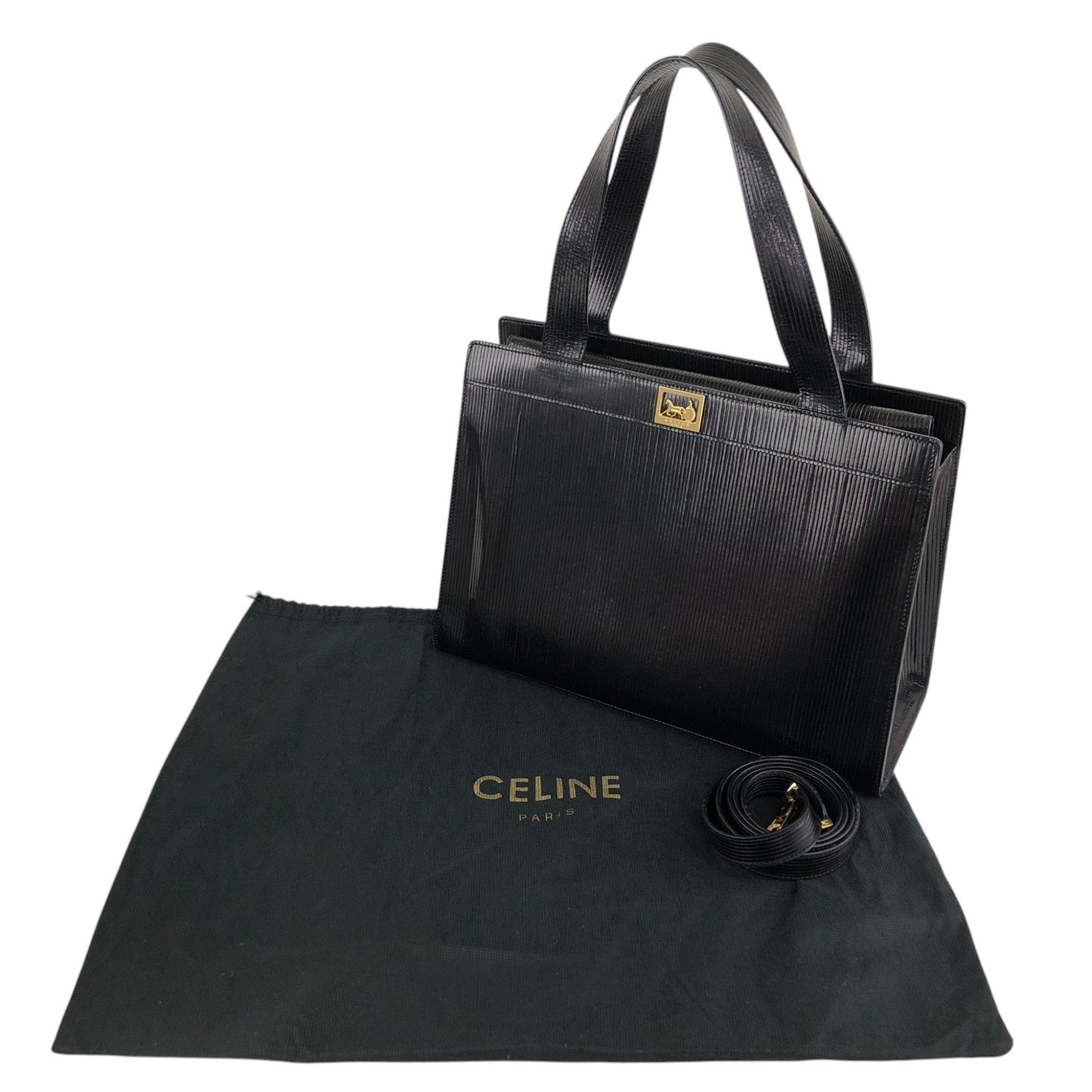 CELINE Horse Carriage Two-way Handbag Shoulder bag Black Vintage 3v3pu8