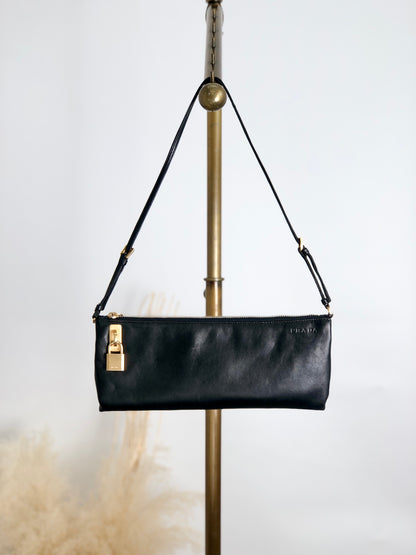 PRADA Logo Embossed Shoulder bag Black Vintage 4833mz