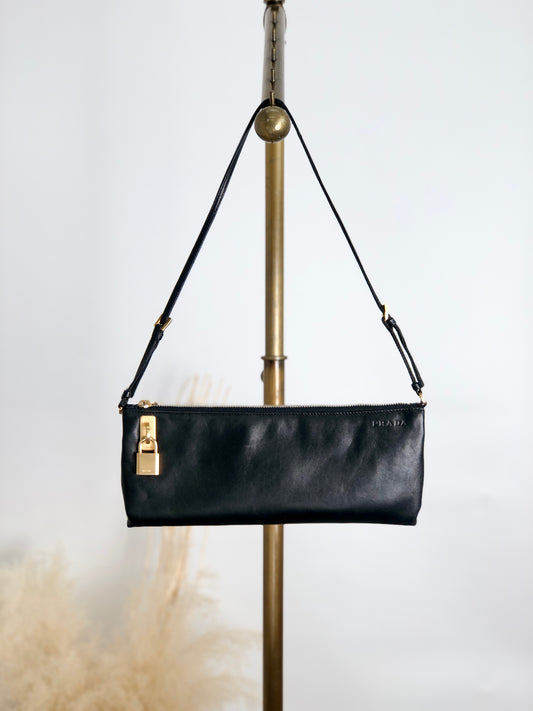 PRADA Logo Embossed Shoulder bag Black Vintage 4833mz