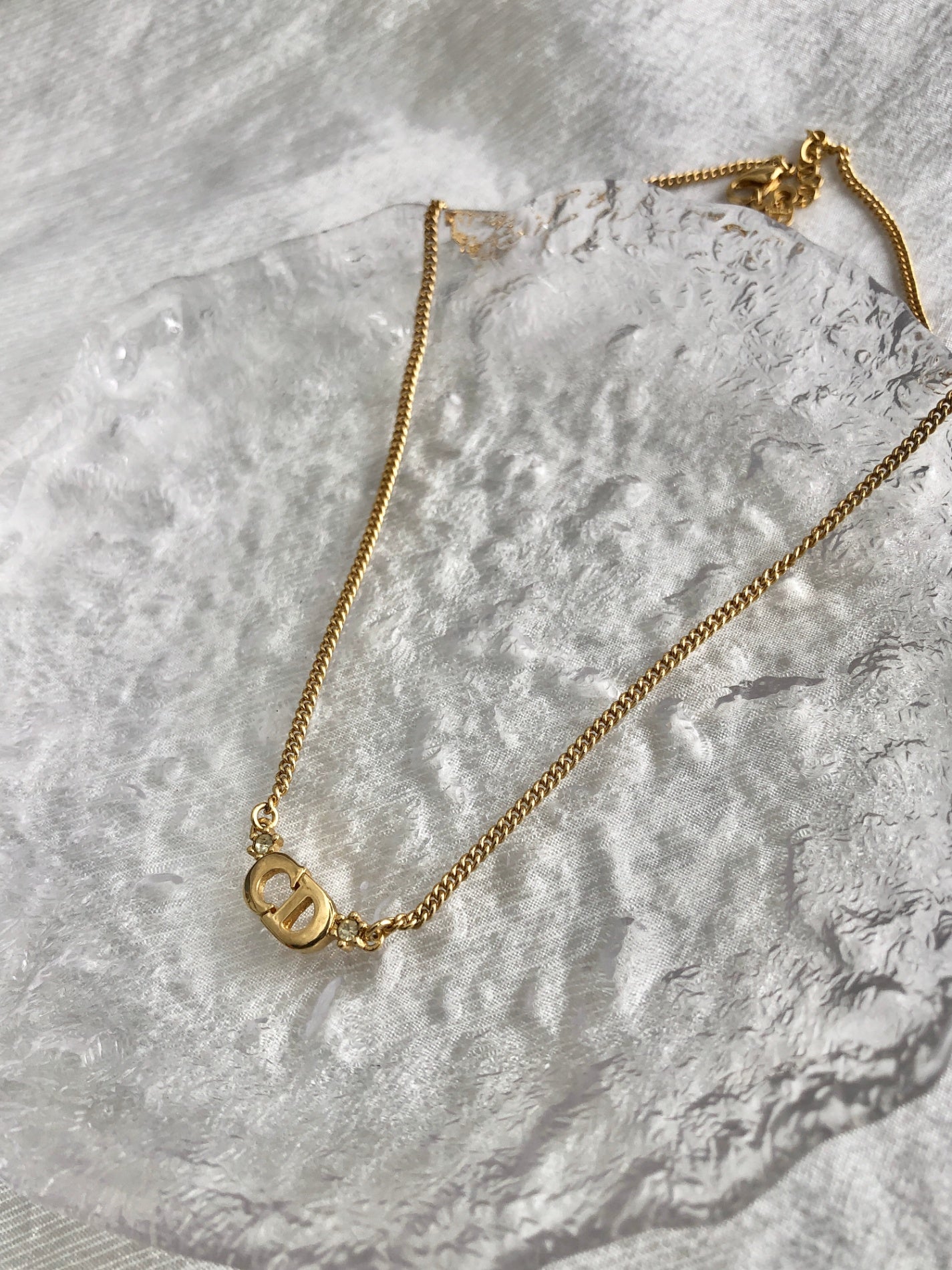 Christian Dior CD Logo Rhinestone Necklace Gold Vintage hrmhsa