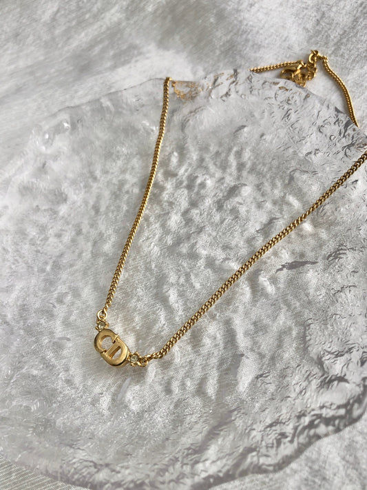 Christian Dior CD Logo Rhinestone Necklace Gold Vintage hrmhsa