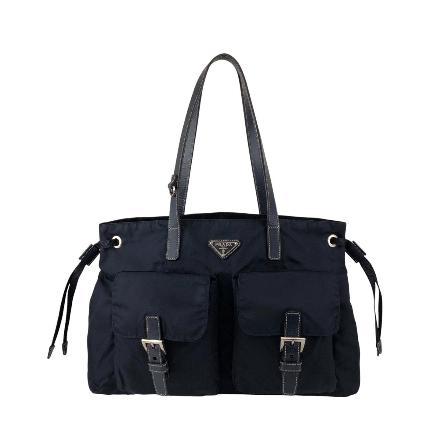 PRADA Tessuto Triangle Logo Double Pocket Totebag Navy Vintage 8ka5ea
