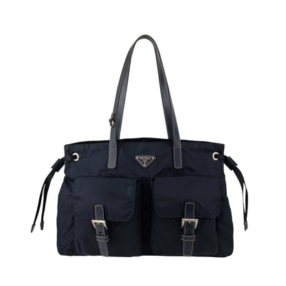 PRADA Tessuto Triangle Logo Double Pocket Totebag Navy Vintage 8ka5ea