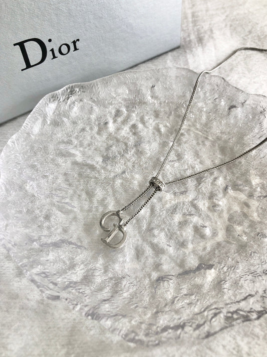 Christian Dior CD Logo Motif Rhinestone Necklace Silver Vintage 5ry8f8