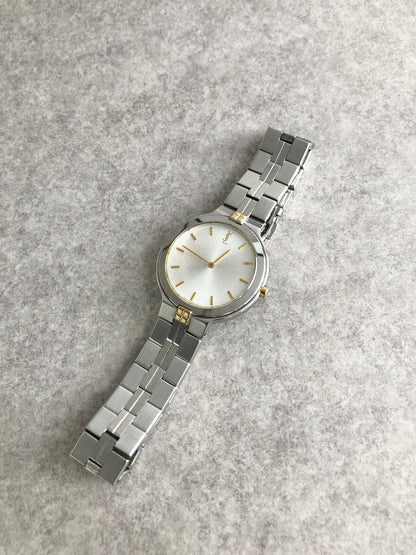 Yves Saint Laurent YSL Logo Quartz Watch Silver×Gold 9620-H13821Y Vintage 2pha88