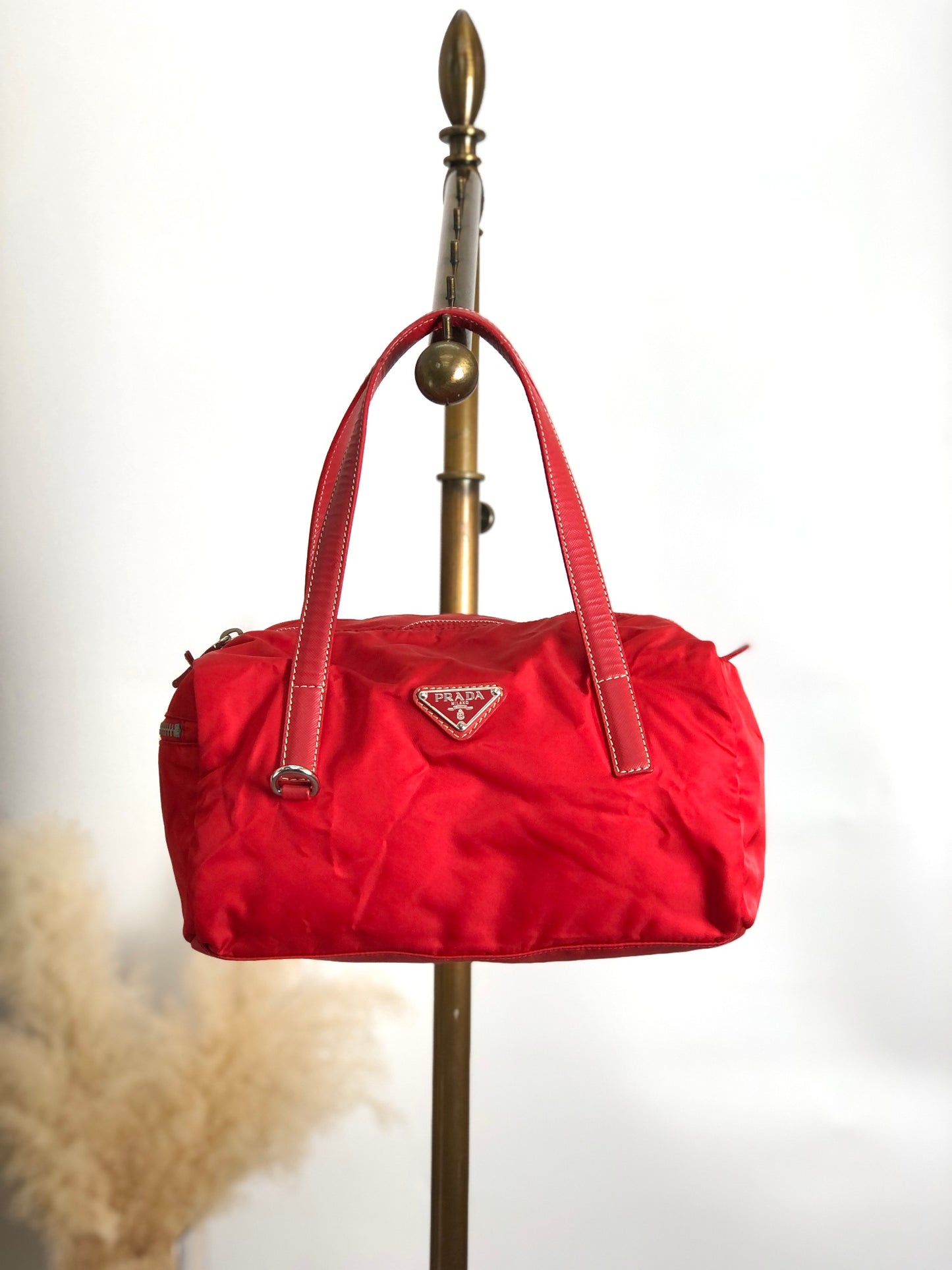 PRADA Triangle Logo Small Boston bag Handbag Red Vintage dkzdci