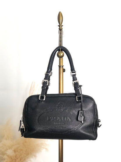 PRADA Logo Embossed Small Boston bag Handbag Black Vintage 2nb76v