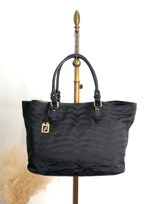 FENDI Logo Charm Handbag Totebag Black Vintage sgtpj5