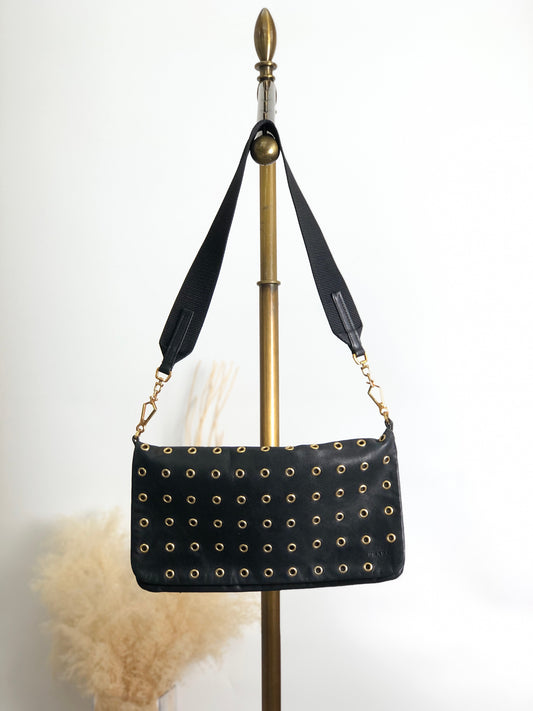 PRADA Logo Embossed Shoulder bag Black Vintage ru5n84