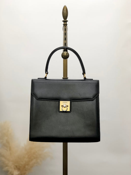 CELINE Gancini Handbag Black Vintage zn353p