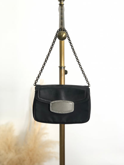 PRADA Logo Rhinestone Chain Handbags Black Vintage y8bzmh