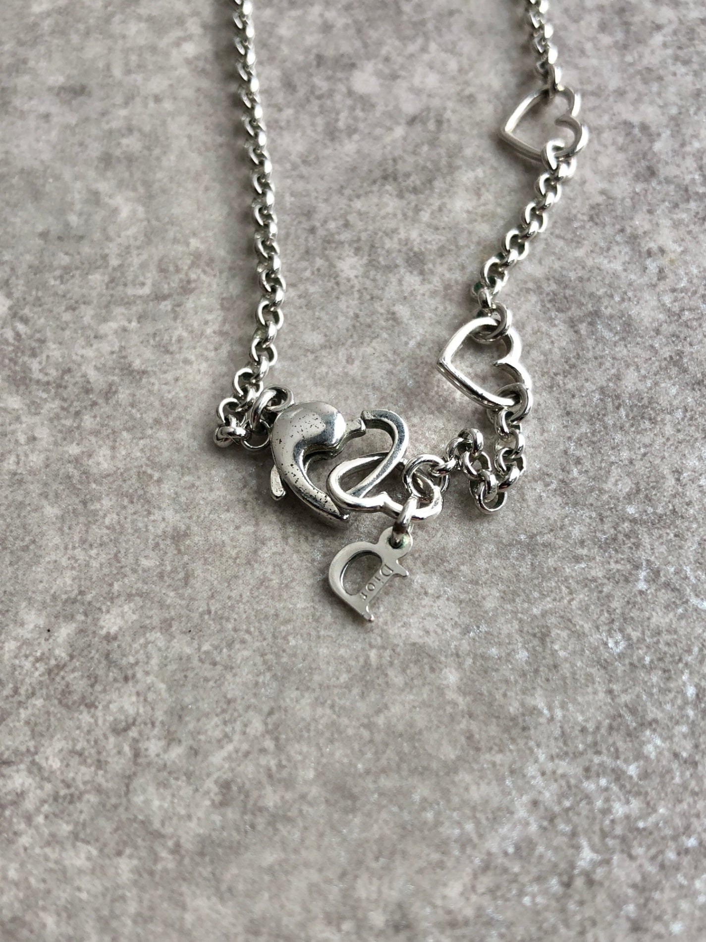 Christian Dior Heart Motif Rhinestone Necklace Silver Vintage h7edxg