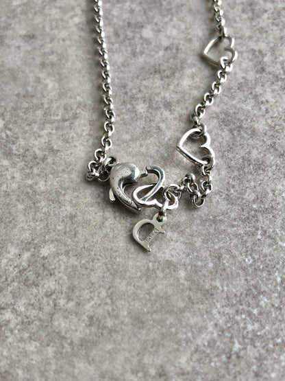 Christian Dior Heart Motif Rhinestone Necklace Silver Vintage h7edxg