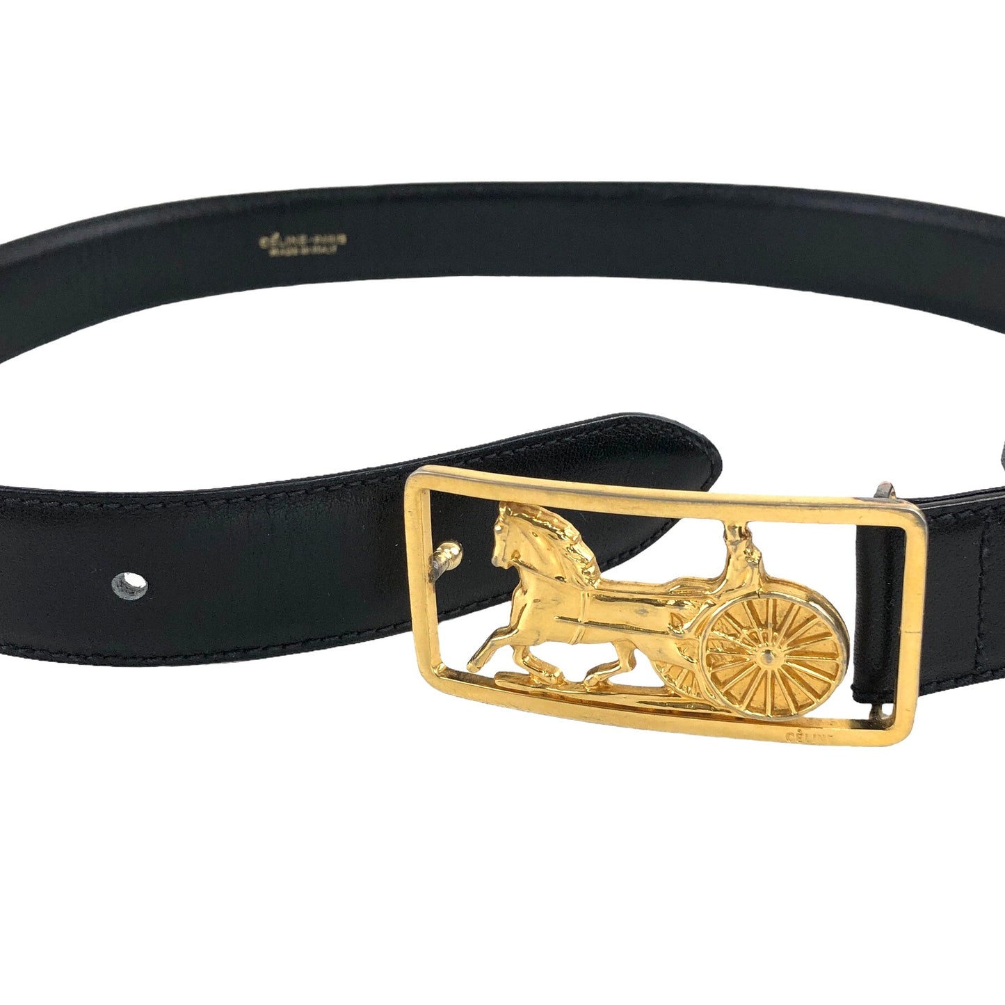 CELINE Horse Carriage Leather Belt Black Vintage ijcyd7