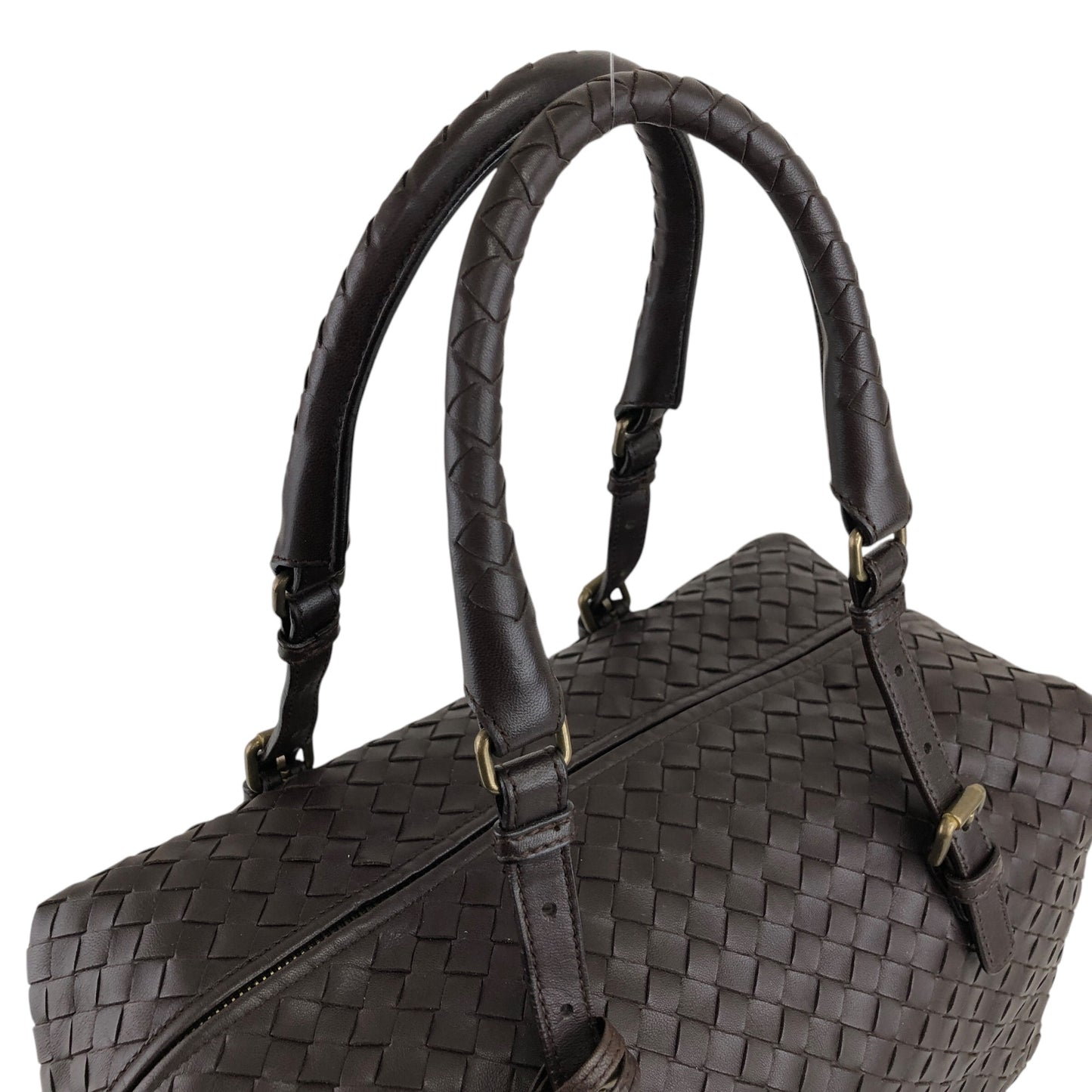 Bottega Veneta Intrecciato Padlock Boston bag Handbag Brown Vintage 2knttm