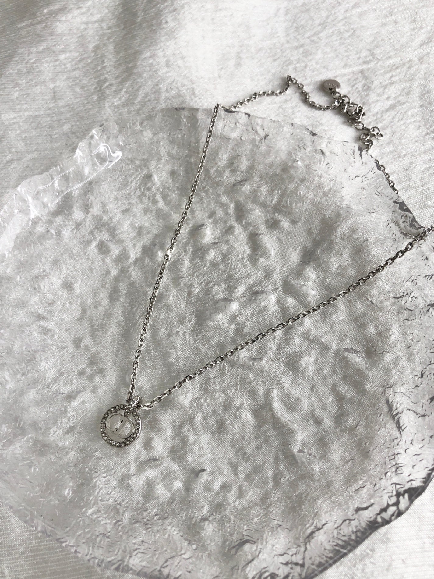 Christian Dior CD Logo Rhinestone Necklace Silver Vintage m3in4a