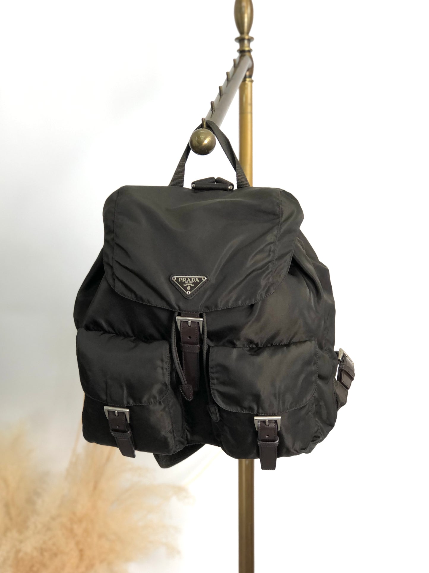 PRADA Tessuto Triangle Logo Double Pocket Backpack Khaki Vintage kyhxt3