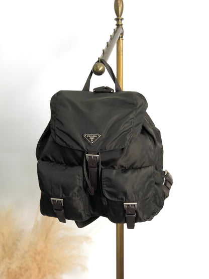 PRADA Tessuto Triangle Logo Double Pocket Backpack Khaki Vintage kyhxt3