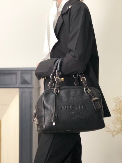 PRADA Logo Embossed Small Boston bag Handbag Black Vintage f8pbsn
