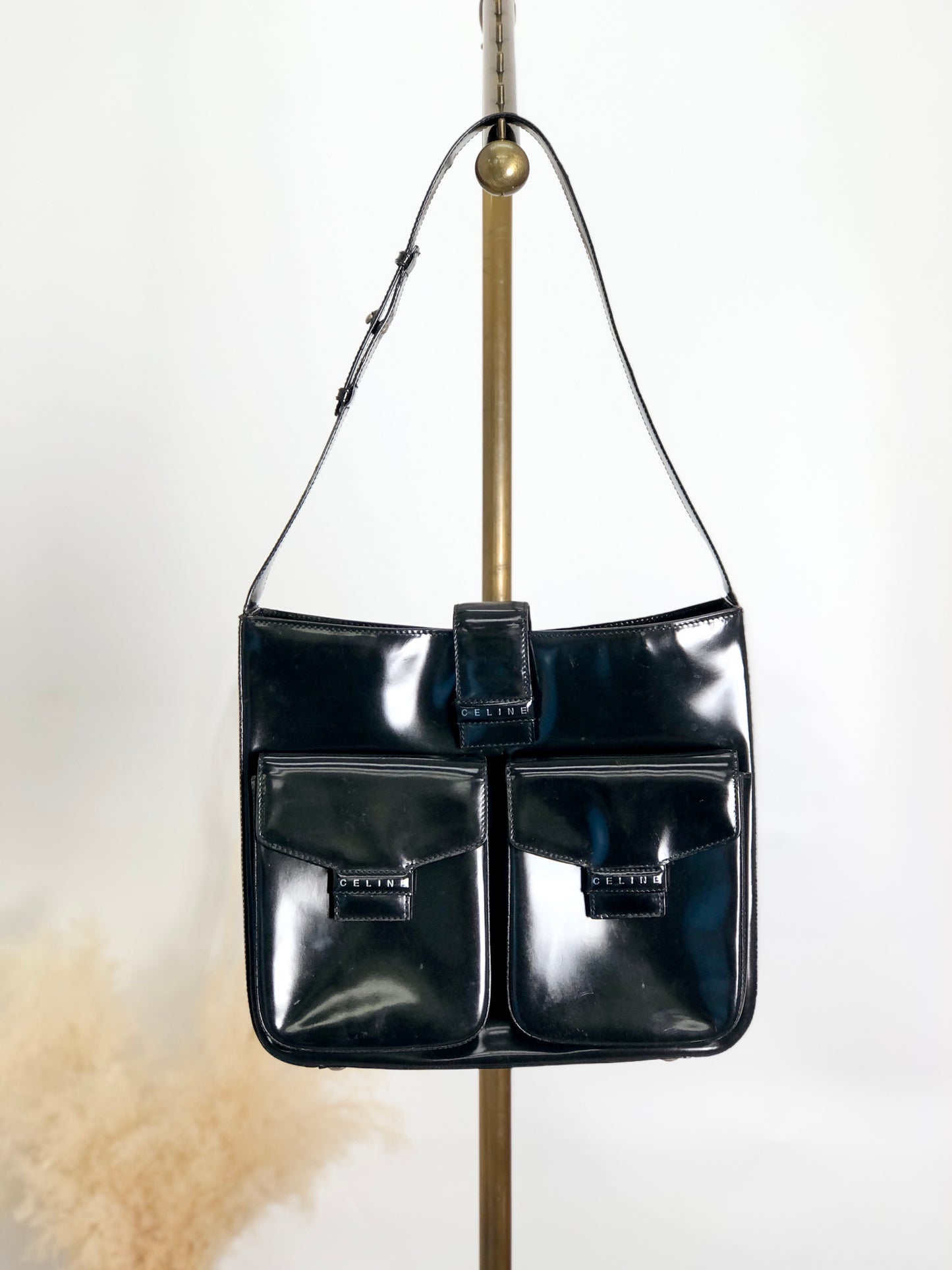 CELINE Logo Shoulder bag Black Vintage tabt7f