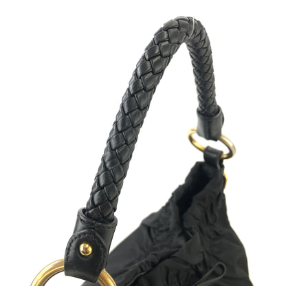 PRADA Logo Nylon Leather Shirring Handbag Black Vintage xwztuy