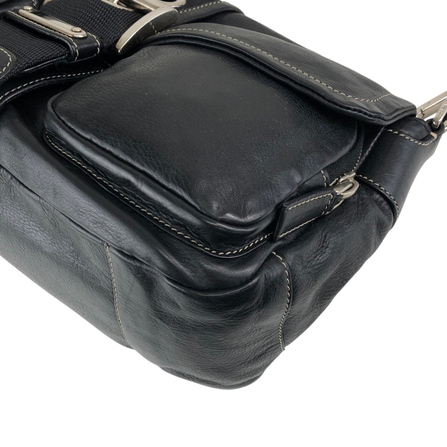 PRADA Triangle Logo Front Buckle Double Pocket Shoulder bag Black Vintage vjewiz