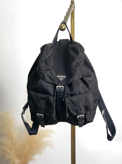 PRADA Triangle Logo Double Pocket Backpack Black Vintage 386zpd