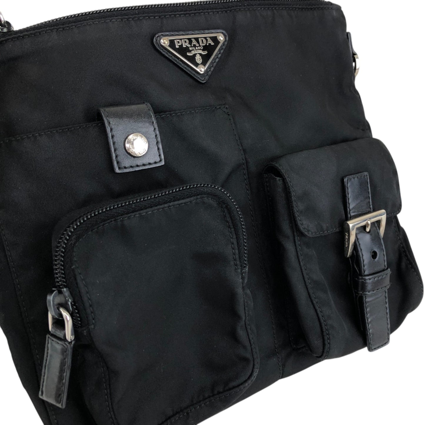PRADA Tessuto Triangle Logo Front Buckle Front Pocket  Shoulder bag Black Vintage ikphwn