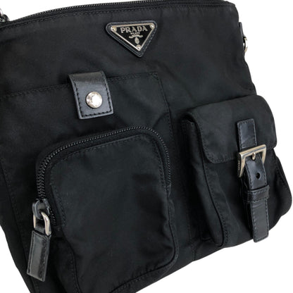 PRADA Tessuto Triangle Logo Front Buckle Front Pocket  Shoulder bag Black Vintage ikphwn