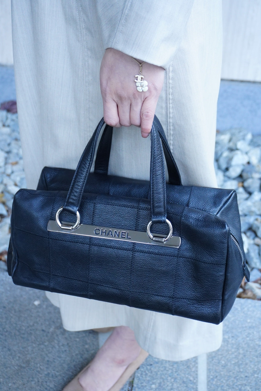 CHANEL Chocolate Bar Handbag Boston bag Black Vintage iez78z