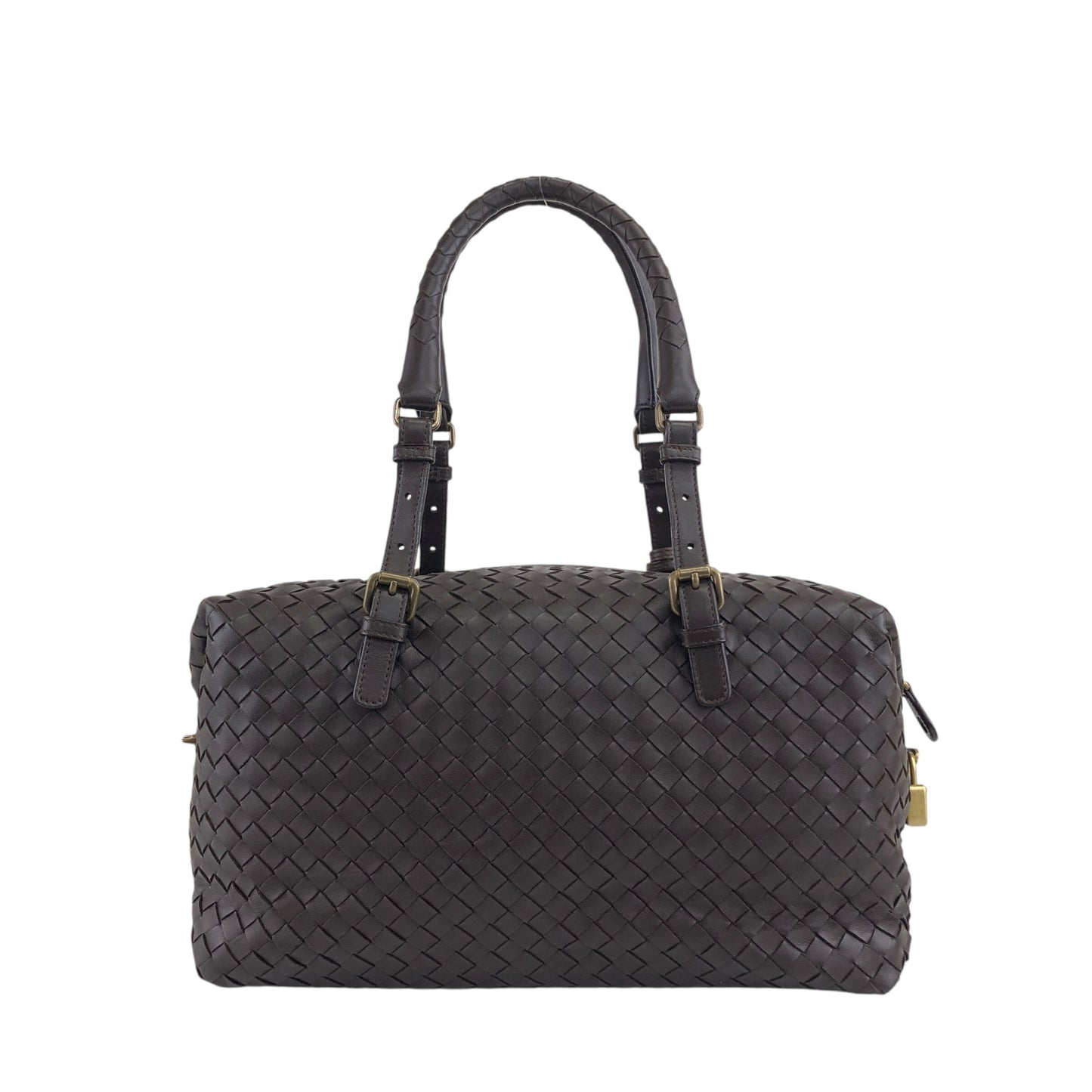 Bottega Veneta Intrecciato Padlock Boston bag Handbag Brown Vintage 2knttm