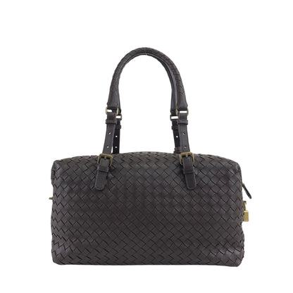 Bottega Veneta Intrecciato Padlock Boston bag Handbag Brown Vintage 2knttm