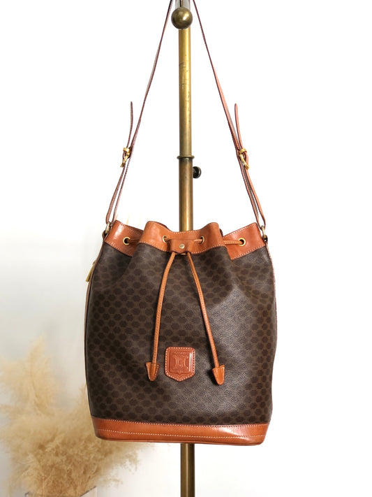 CELINE Macadam Blason Drawstring Shoulder bag Brown Vintage p8wjvh
