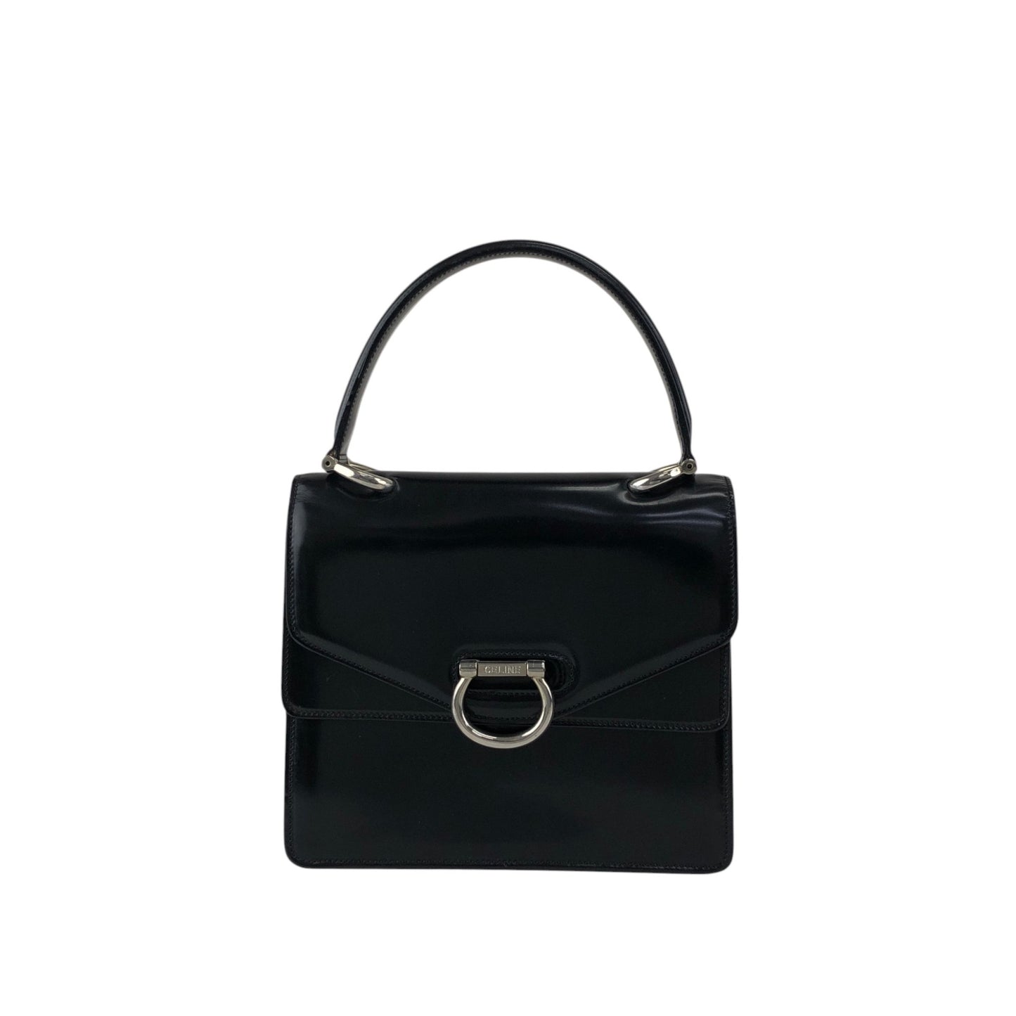 CELINE Gancini Double Flap Top Handle Handbag Black Vintage ku22zn