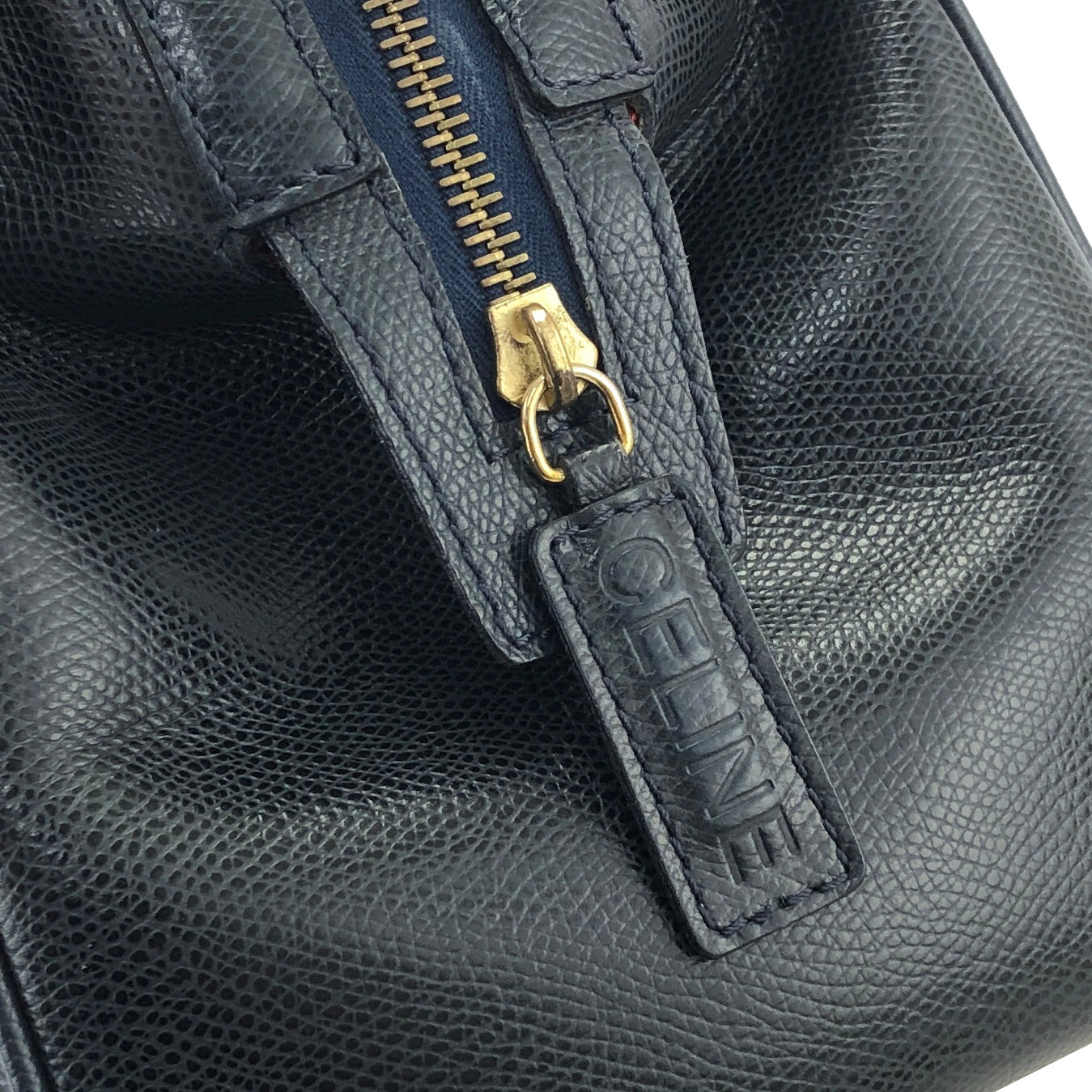 CELINE Embossed Leather Boston bag Handbag Navy Vintage pwhaxj