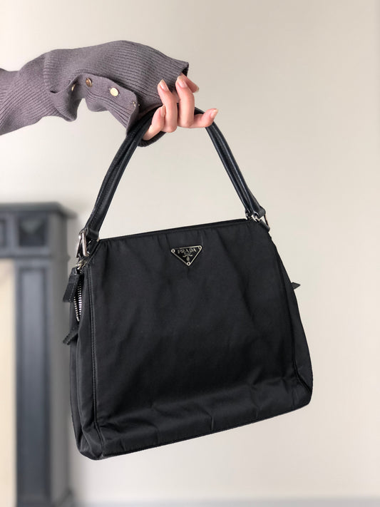 PRADA Tessuto Triangle Logo Handbag Black Vintage zzietj